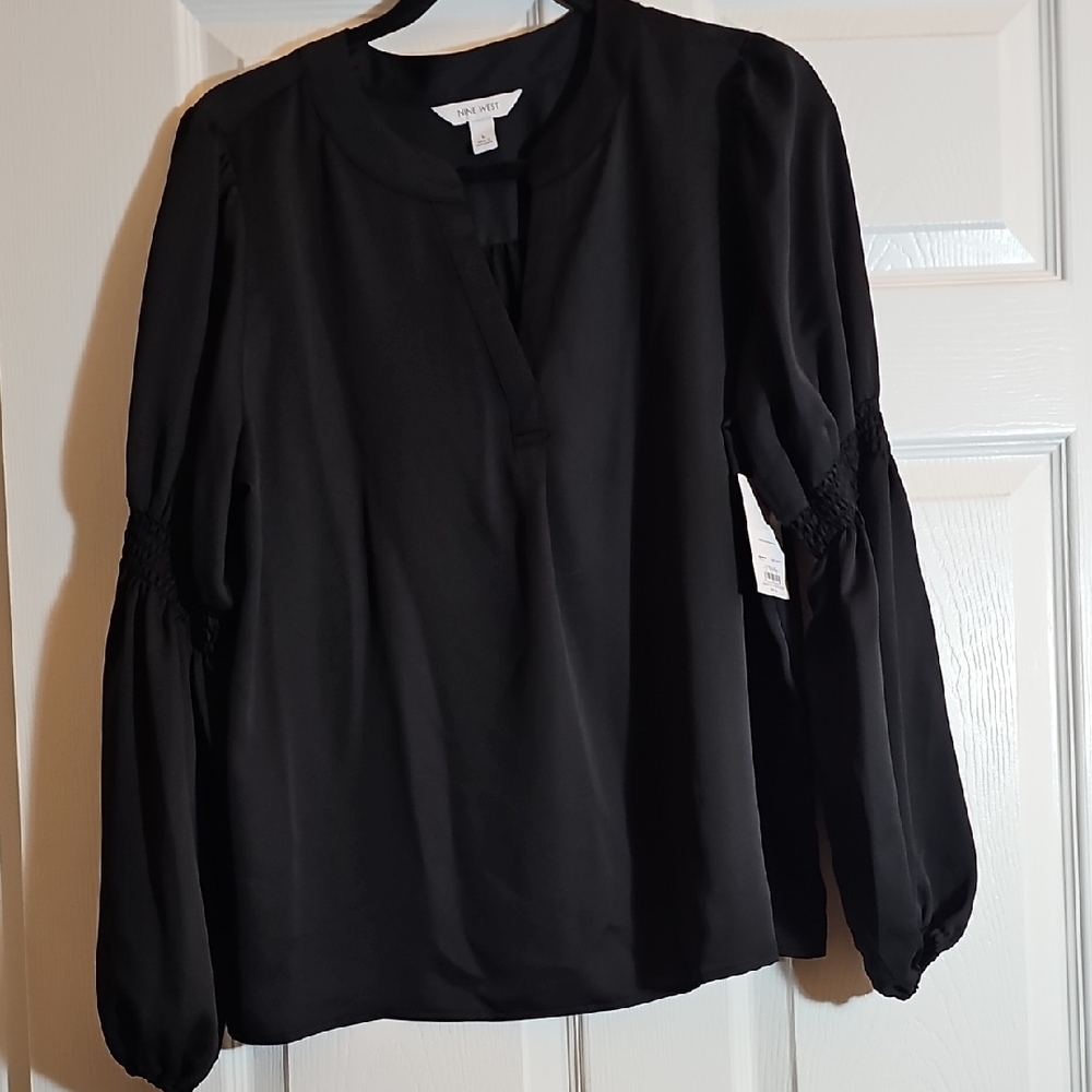 Nine West Black Long-Sleeve Smocked-Sleeve Blouse